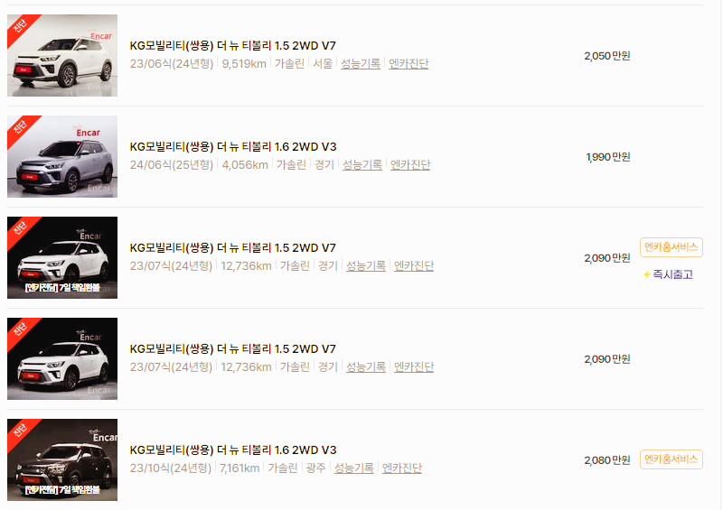 KG모빌리티 티볼리 중고차 가격 시세표 24년10월