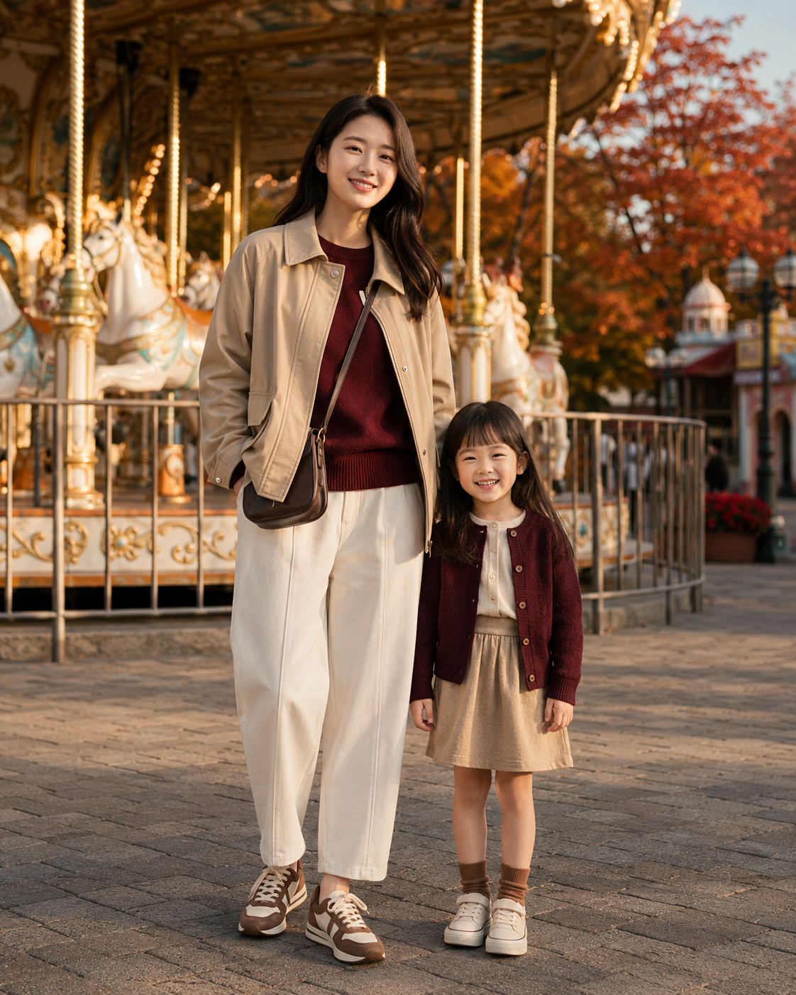 가족사진을 많이 남기는 날: 버건디 니트 + 배럴 팬츠처럼 색과 아이템을 연결해 전체 착장을 정돈한 코디입니다.