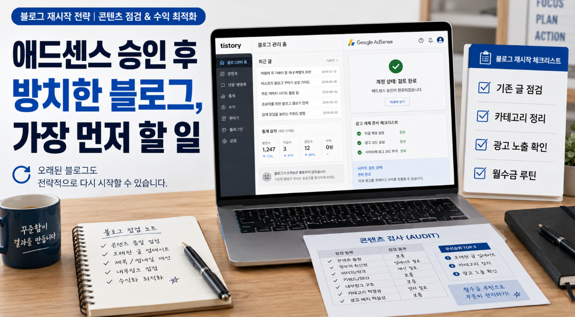 애드센스 승인 후 방치한 티스토리 블로그를 다시 시작할 때 가장 먼저 해야 할 일을 설명하는 썸네일 이미지