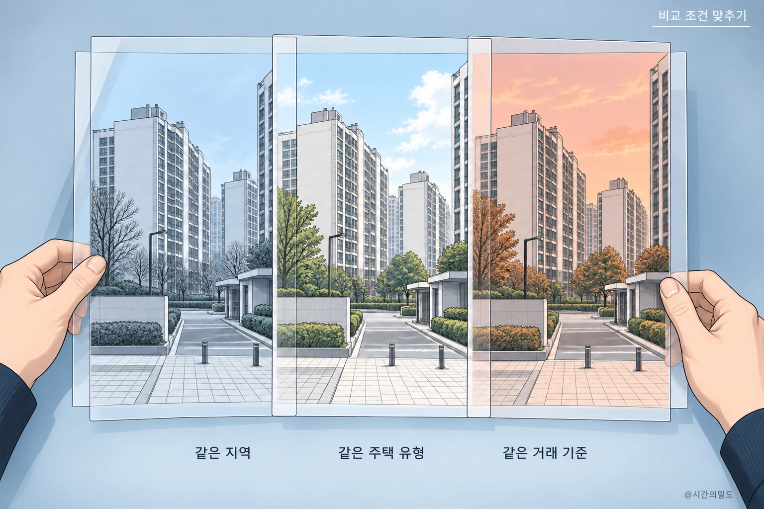 동일한 한국 아파트와 지역을 맞춘 세 겹의 그림으로 지역·주택 유형·거래 기준을 동일하게 두는 비교 방법 표현