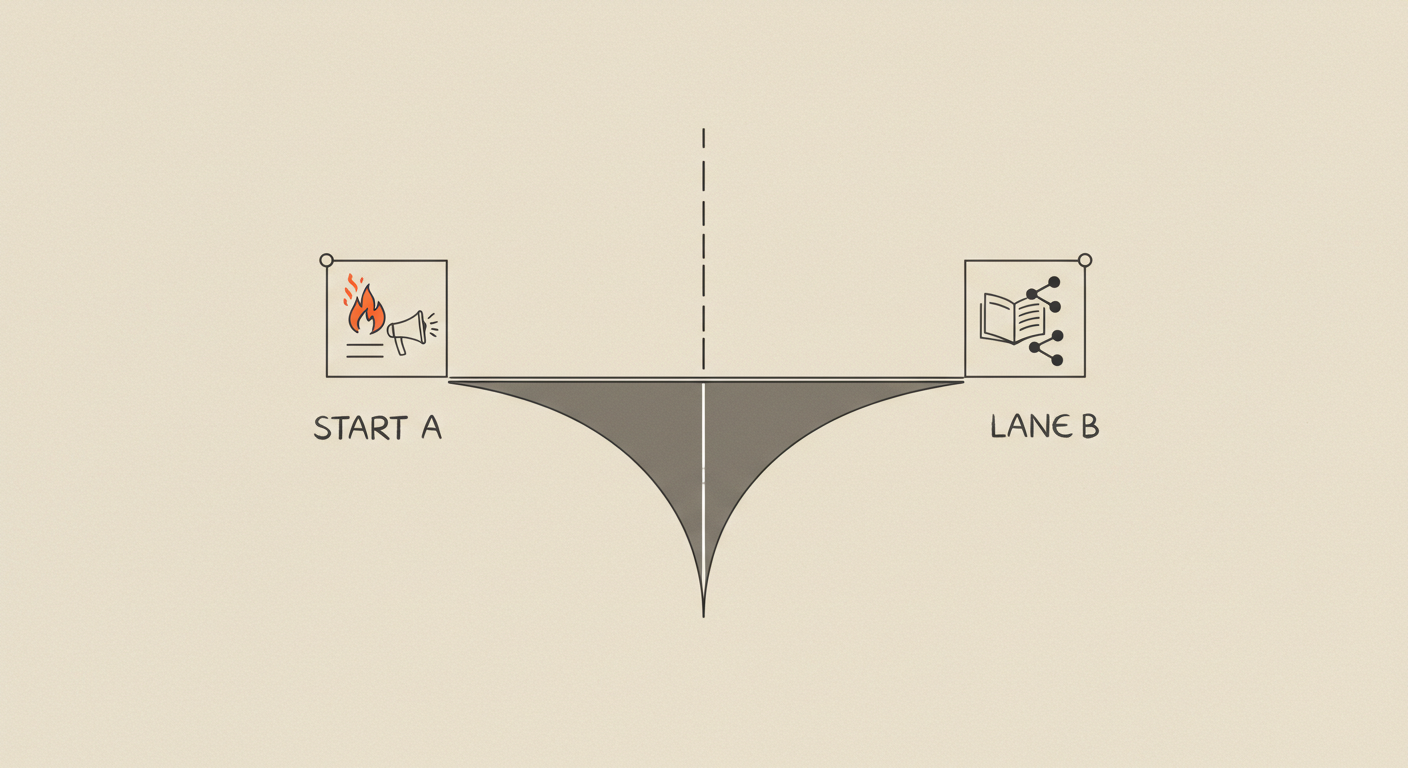 갈라지는 두 개의 길: 딜러 빌드는 불꽃 깃발(즉시 반응), 서포트 빌드는 책/손 연결 아이콘(완독&middot;공유)으로 향하는 상징 이미지