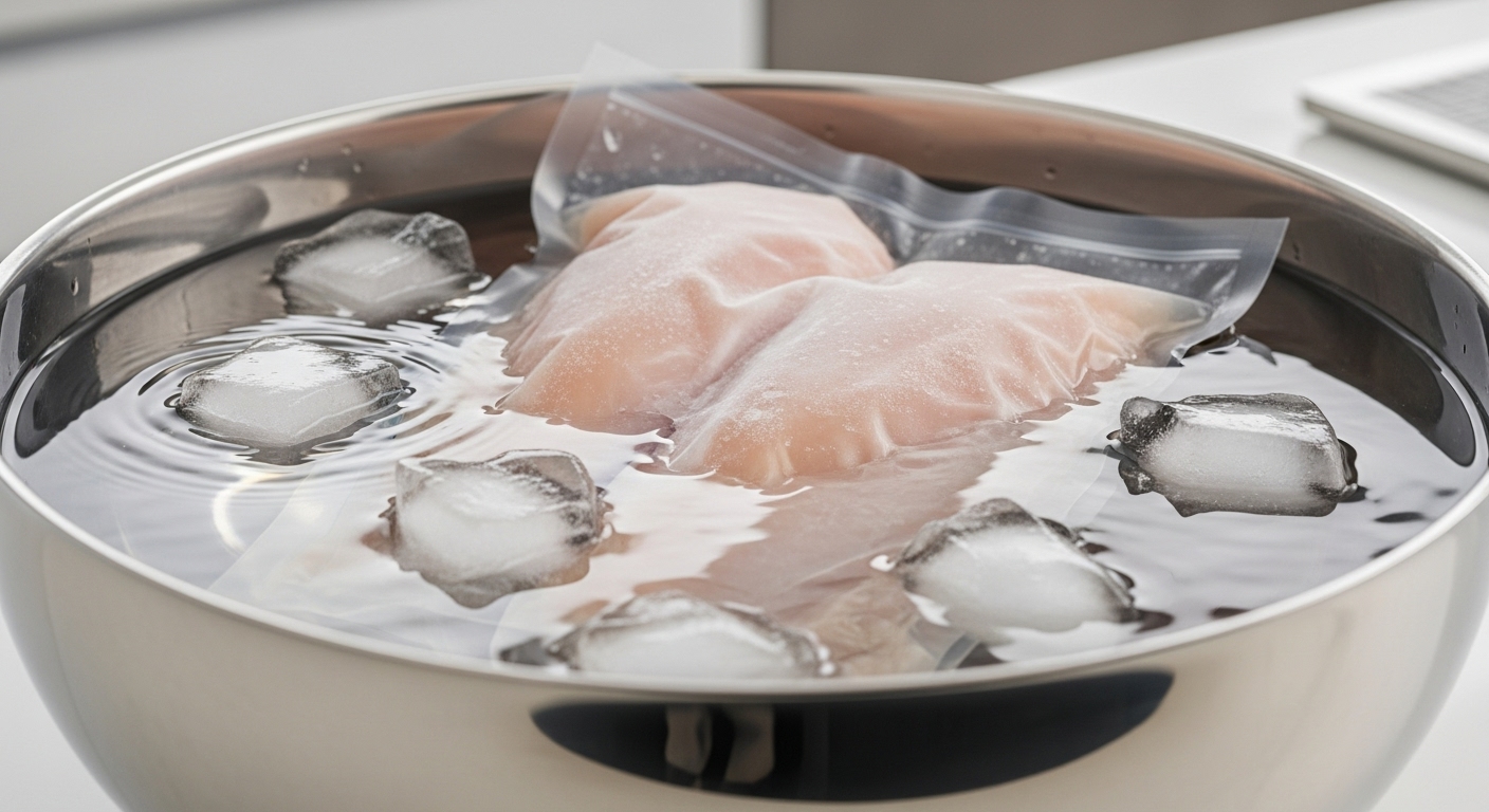 찬물이 담긴 볼에서 해동 중인 밀봉된 닭가슴살