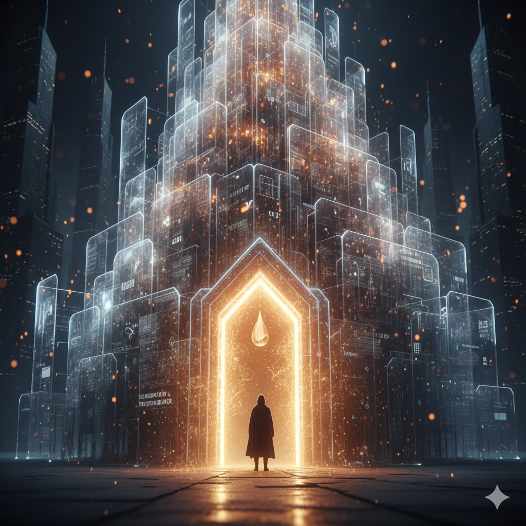 차가웠던 유리 성의 중심부에서 강렬한 황금빛이 터져 나오며 성 전체를 따뜻하게 물들이고 있는 모습. 성문 안쪽에는 눈물 모양의 상징이 떠 있고, 그 앞에 선 인물은 이제 빛의 온기를 정면으로 마주하고 있다. 시스템의 균열을 통해 진정한 휴머니즘이 완성되었음을 보여준다.