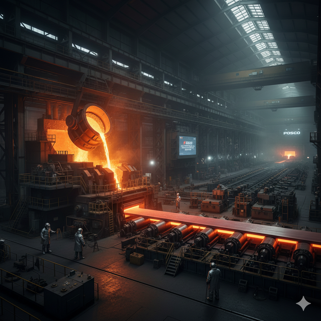 뜨거운 용광로에서 쏟아지는 쇳물과 함께 상승하는 POSCO홀딩스 및 동국홀딩스의 주가 그래프가 겹쳐진 철강주 반등 이미지
