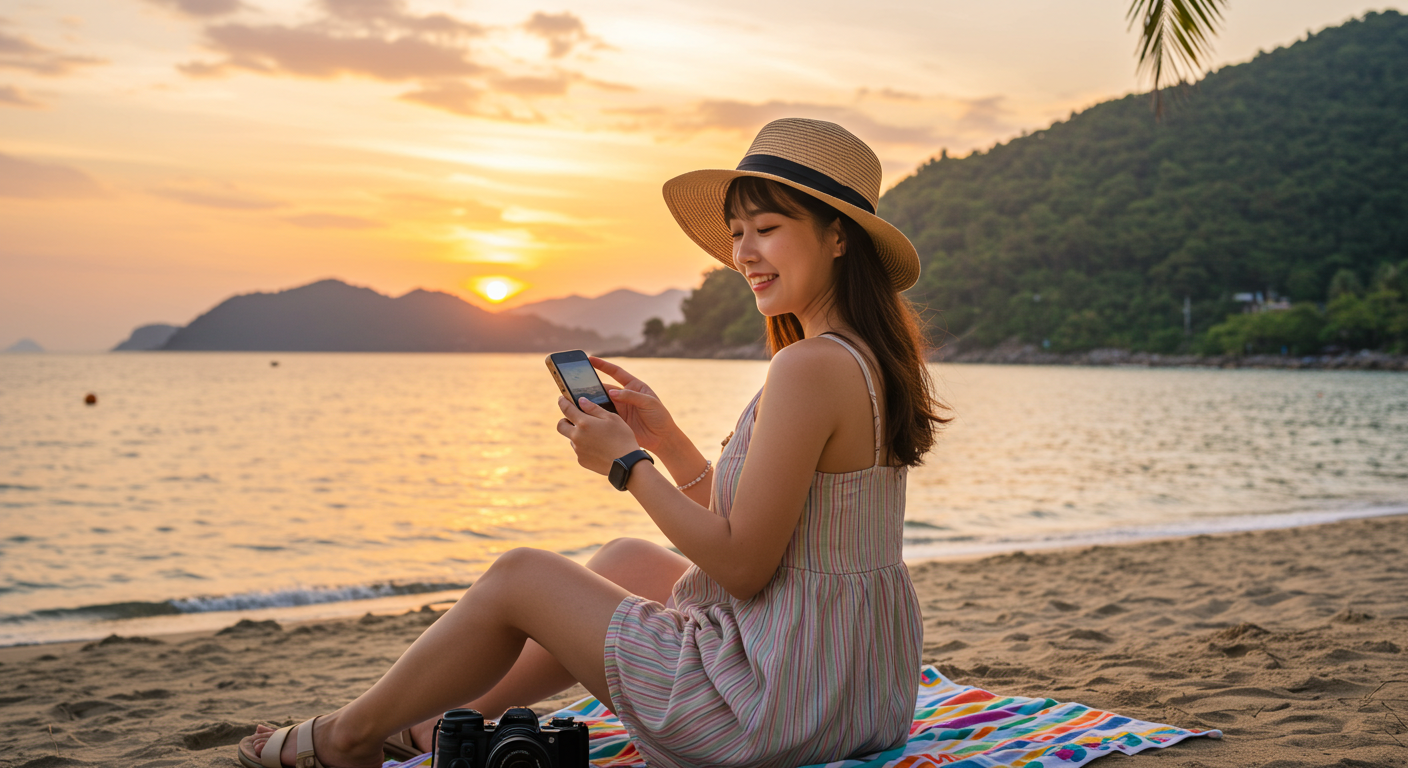 우도 해안에서 노을을 바라보며 여행을 추억하는 한국 여성