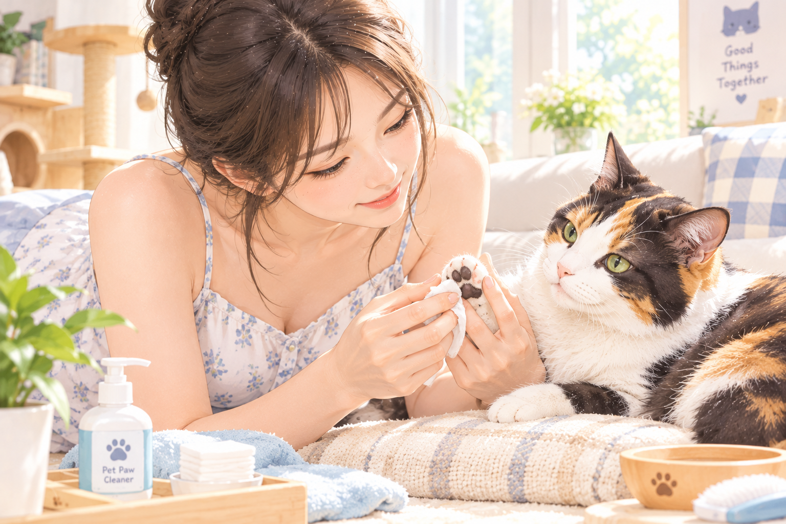 고양이 발 관리를 돕는 보호자의 모습
