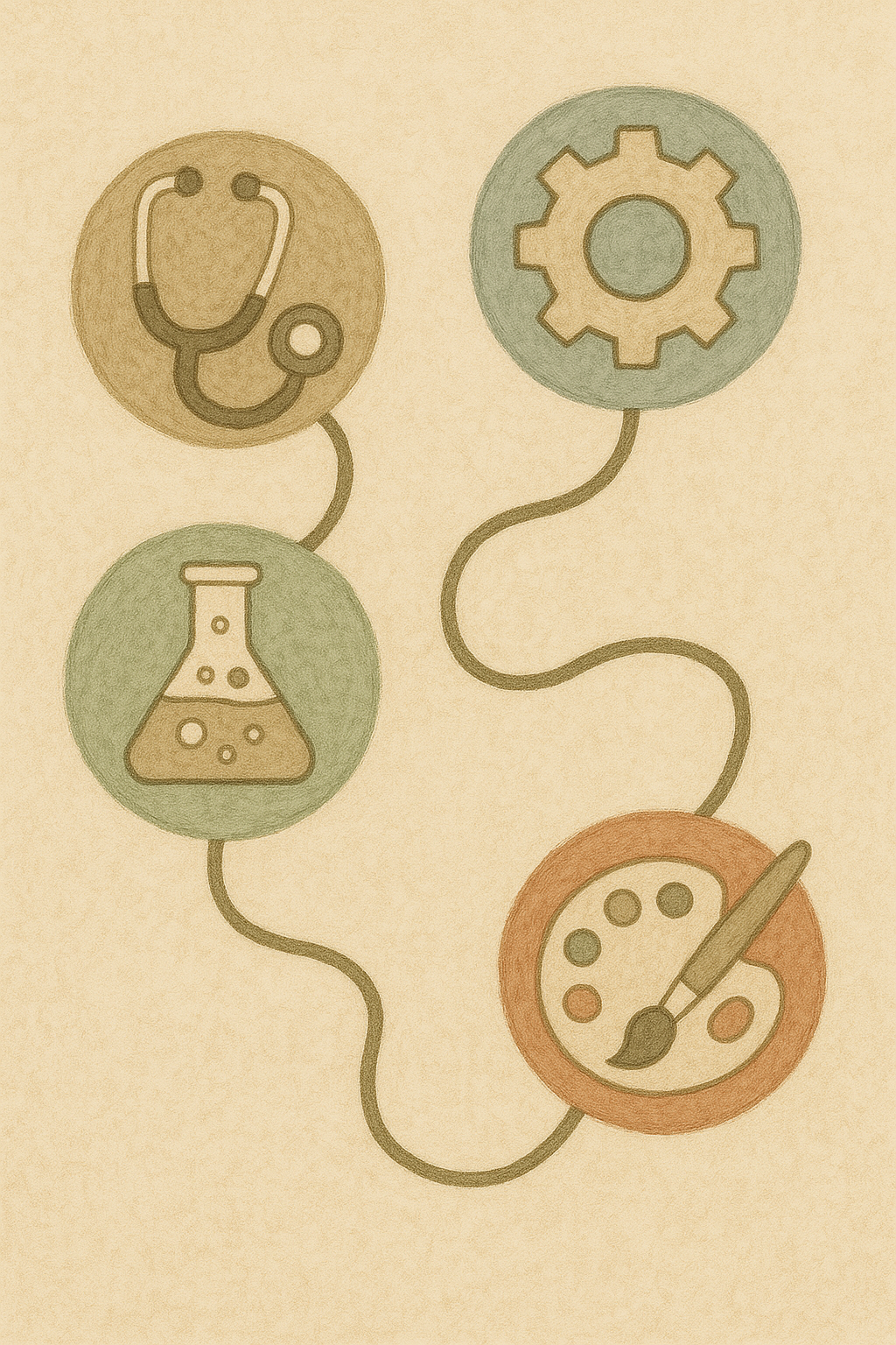 다양한 진로분야(의학, 공학, 예술 등)를 상징하는 아이콘이 연결된 이미지