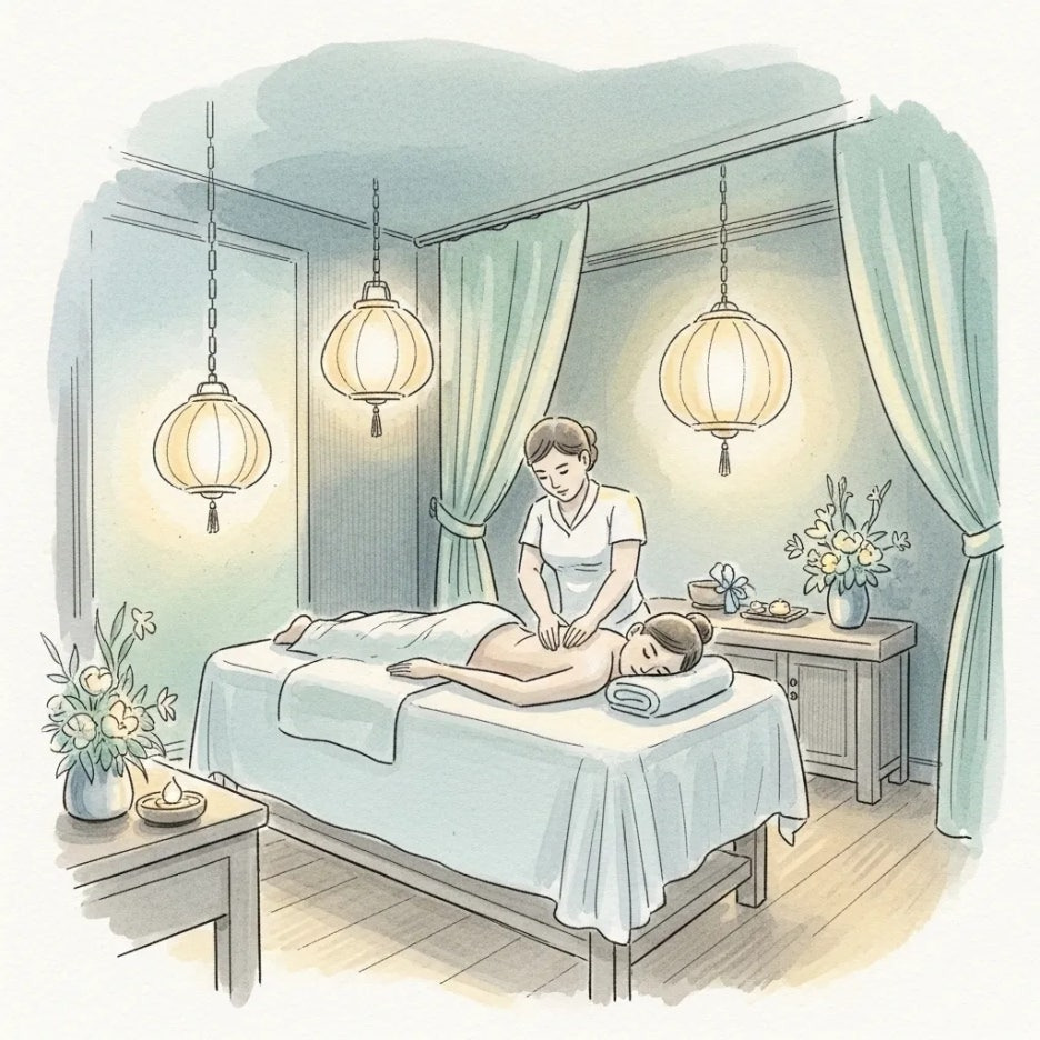 아늑한 스파룸에서 편안하게 마사지 받는 모습.