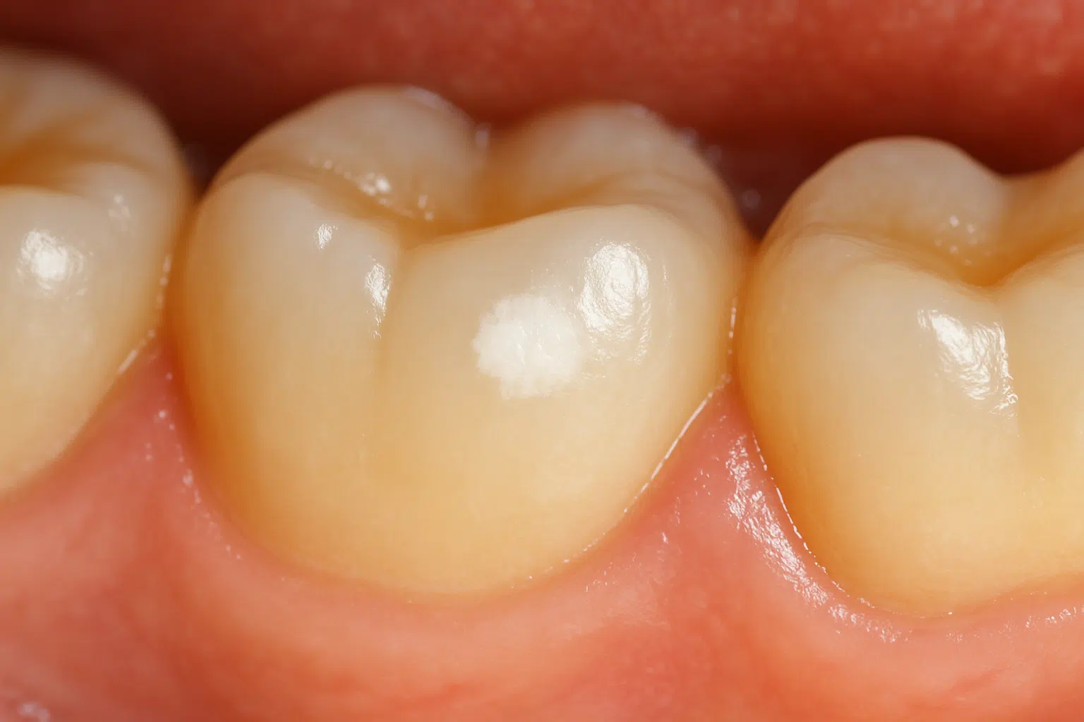 흰 반점이 생기고 미세하게 거칠어진 법랑질 표면, 초기 충치 단계