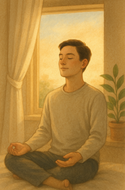 창가에 앉아 깊게 숨을 들이쉬는 사람