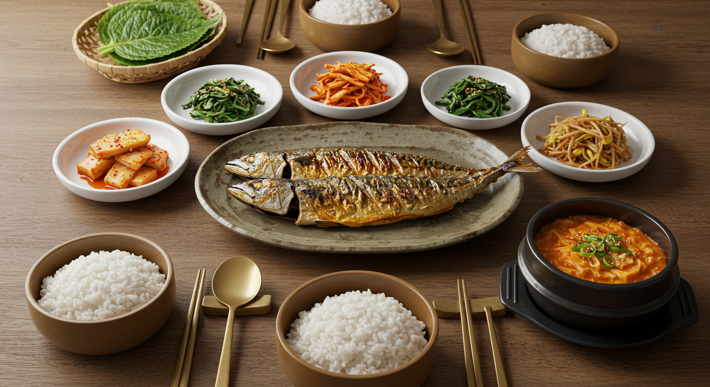 한국식 고등어 구이 한상 차림 식단
