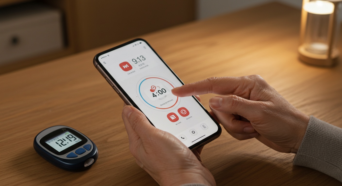 스마트폰으로 건강 앱을 사용하는 중년 여성과 혈당계