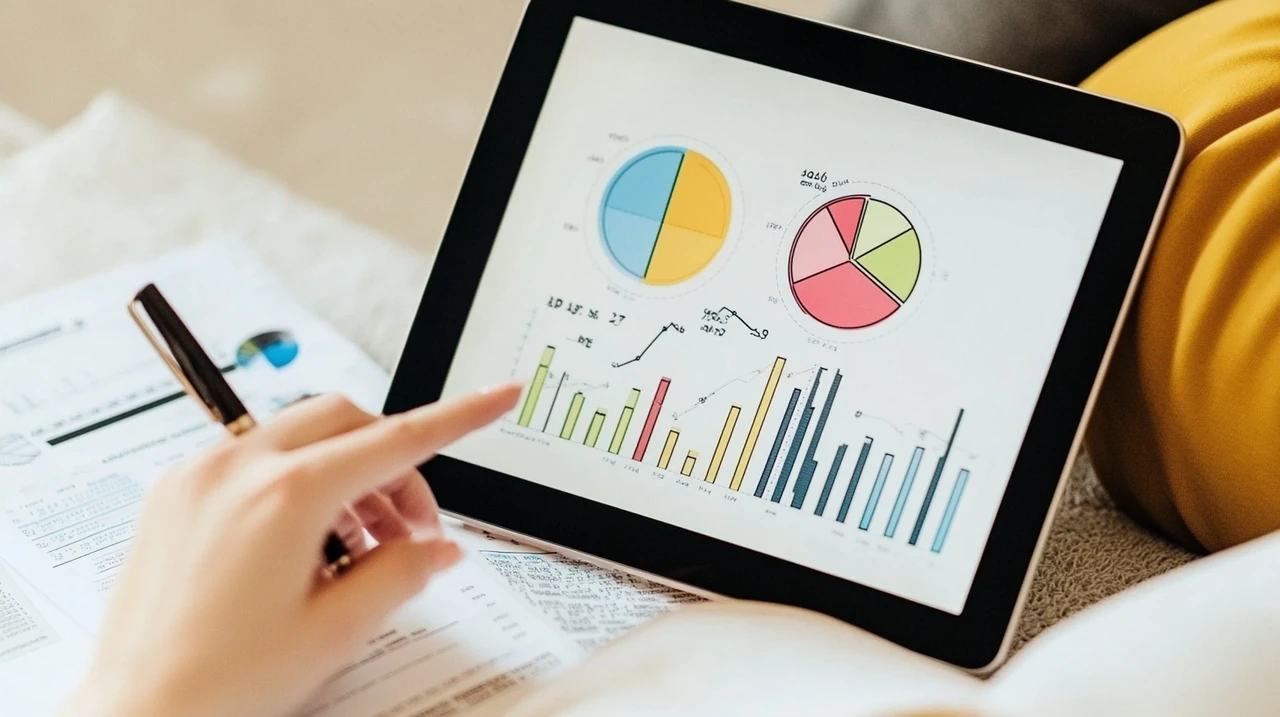 연금 ETF 투자 리밸런싱 전략을 위해 다양한 ETF 포트폴리오와 차트를 태블릿에서 확인하는 모습, 2025 연금계좌 ETF 추천 및 효율적인 자산배분, 스마트투자, 포트폴리오분산, 미래설계 요소를 담은 고해상도 이미지