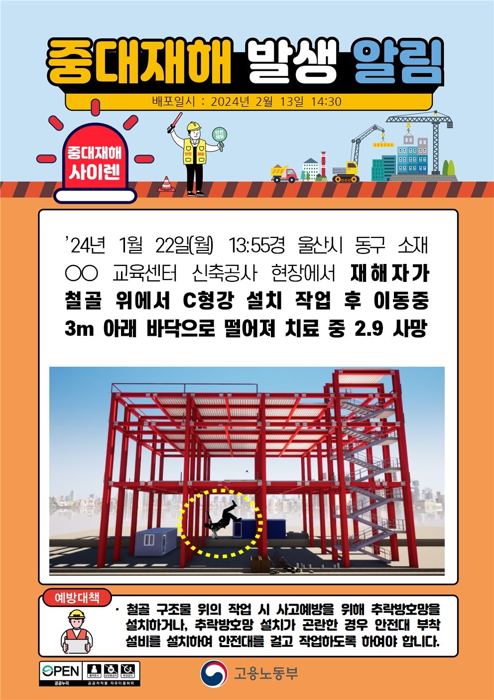 철골 위에서 C형강 설치 작업 후 이동중 떨어짐(3m)