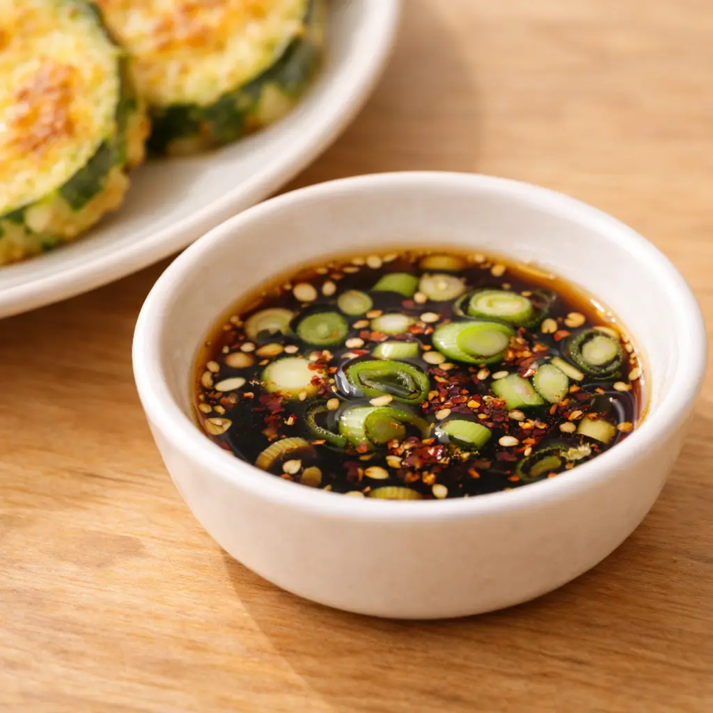 대파와 고춧가루가 들어간 간장 찍먹 소스 종지 사진