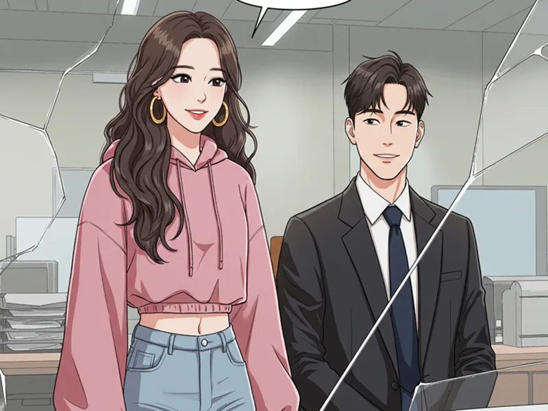 가식적인 미소를 짓는 회사 동료를 의심스럽게 바라보는 여성.