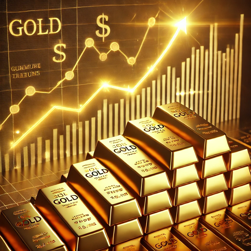 금값이 상승하는 그래프와 금괴모습