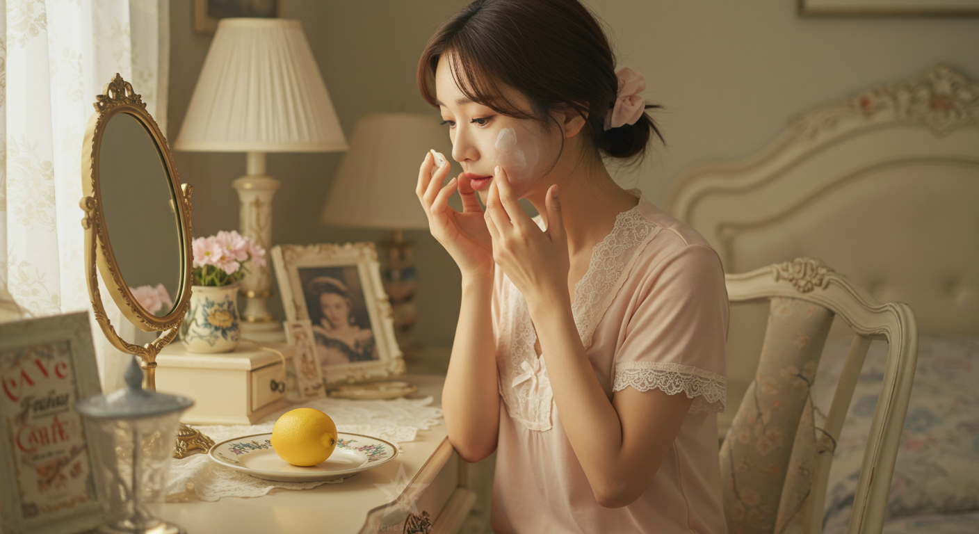 스킨케어를 하는 한국인 여성의 모습