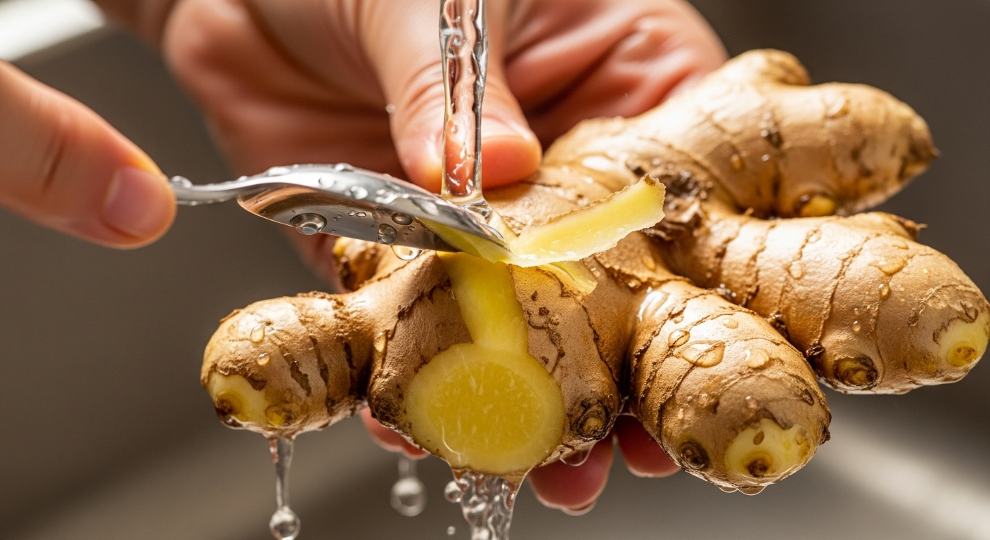숟가락을 이용해 생강 껍질을 벗기는 과정이 클로즈업된 모습.