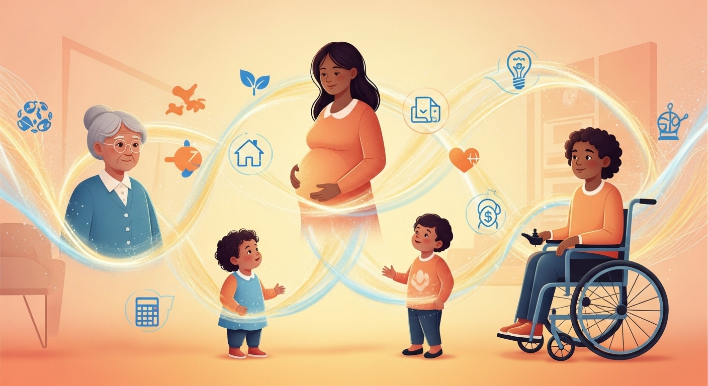 노인, 임산부, 영유아, 장애인 등 다양한 가족 구성원이 따뜻하게 연결된 모습. 에너지바우처 자격 조건을 상징하는 포용적인 이미지.