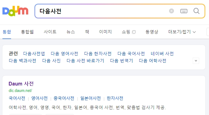 다음 사전 검색창에 십시일반을 입력하여 정확한 의미를 확인하는 화면