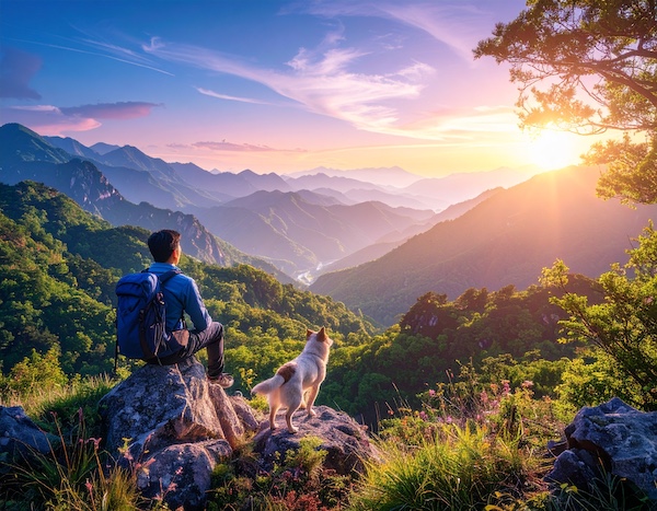 석양 아래 반려견과 나란히 걷는 장면