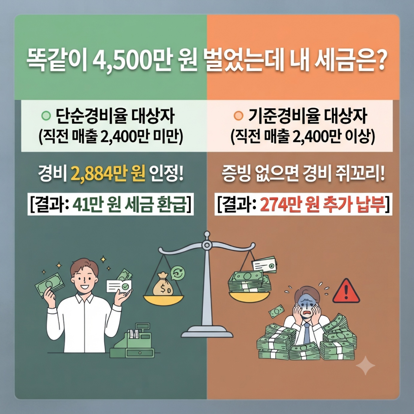 종합소득세 단순경비율 환급액과 기준경비율 추가 납부 세액 차이 비교 시뮬레이션