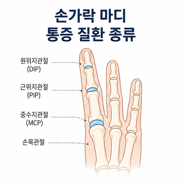 손가락 관절 그림과 함께 &lsquo;손가락 마디 통증 질환 종류&rsquo;라는 제목이 표시된 건강 정보 대표 이미지