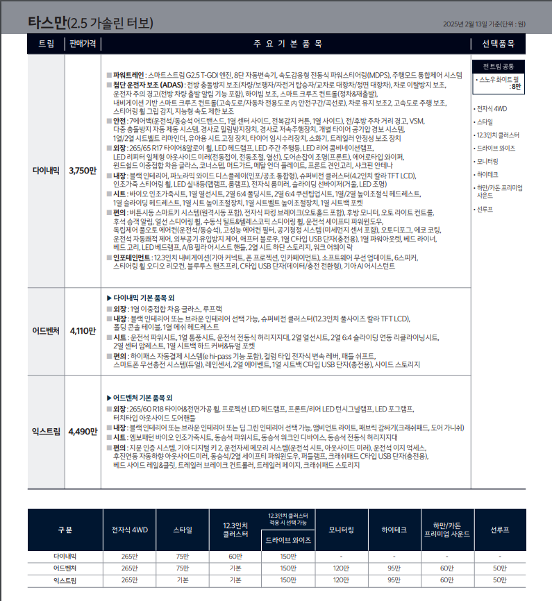 타스만 가격표