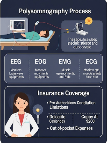 수면 클리닉에서 수면다원검사를 받는 과정을 설명한 카드 이미지, 보험 적용 조건 포함