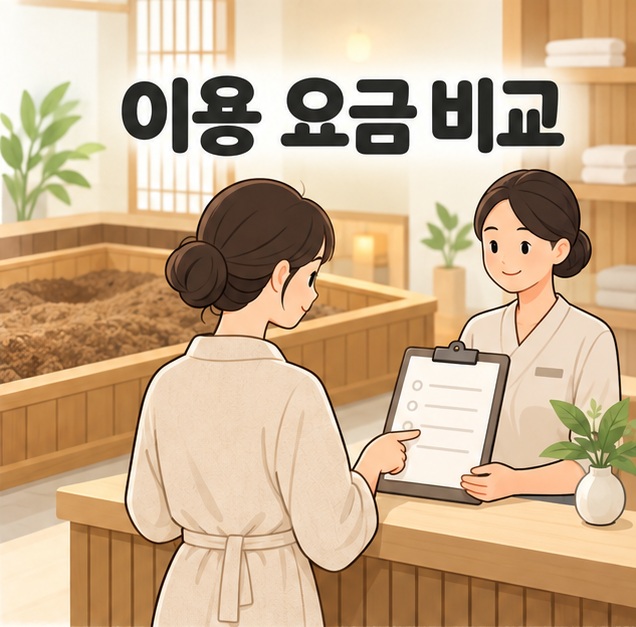 찜질방 접수대에서 기본 이용 요금과 코스를 확인하는 그림