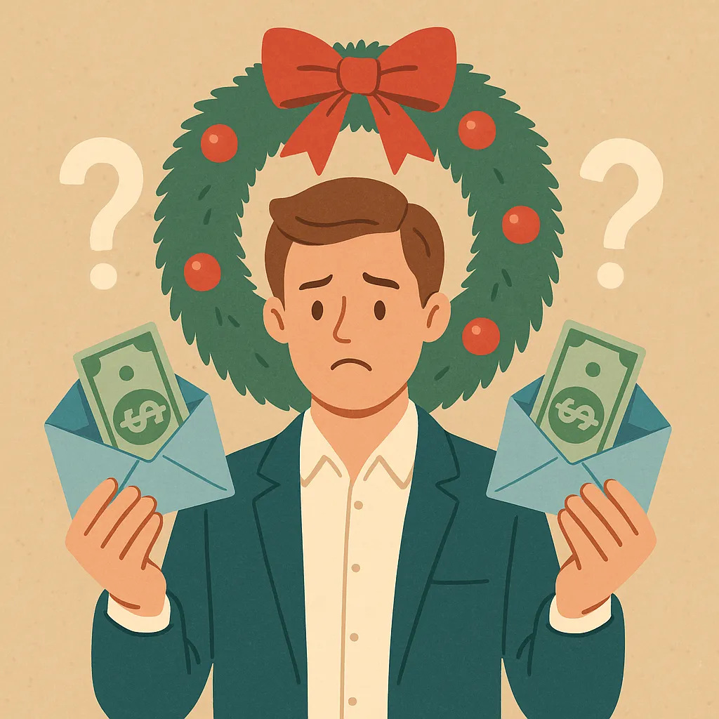 연말-보너스를-현명하게-분배하는-방법을-표현한-일러스트로,-남성이-돈이-든-두-개의-봉투를-들고-고민하는-표정을-짓는-모습이-그려져,-저축과-소비의-균형을-상징함.