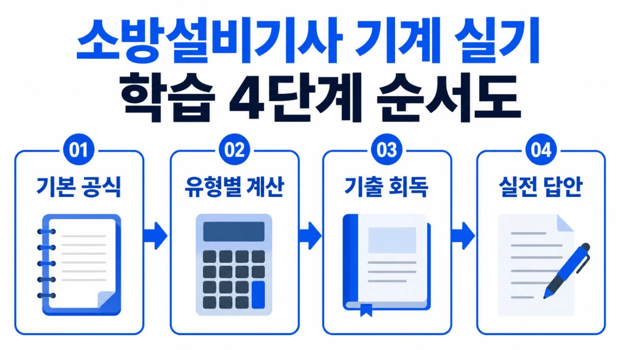 기본 공식부터 실전 답안까지 소방설비기사 기계 실기 공부 순서를 정리한 이미지