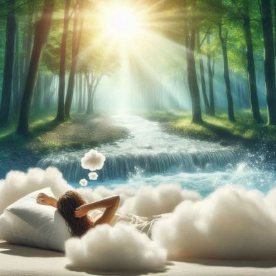 꿈속의 숲길을 걷는 모습, 구름 위에 누워 있는 사람.