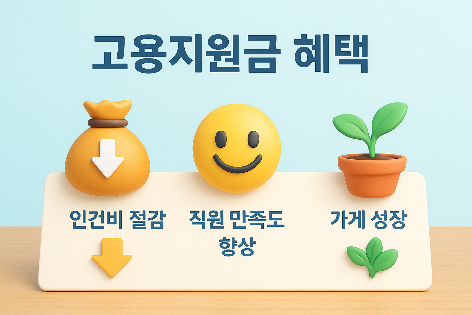 인건비 절감, 직원 만족도 향상, 가게 성장 등 고용지원금의 긍정적 효과를 보여주는 인포그래픽