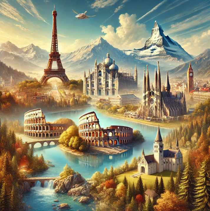 파리의 에펠탑, 로마의 콜로세움, 독일의 노이슈반슈타인 성, 바르셀로나의 사그라다 파밀리아, 스위스의 마테호른이 등장하는 파노라마 뷰가 바로 이 장면입니다