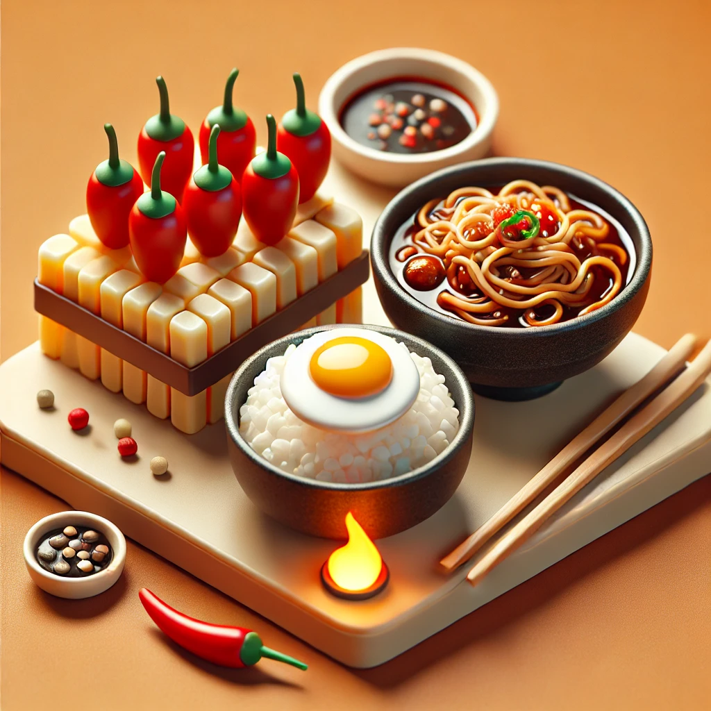 청양고추 조림이 담긴 작은 국그릇, 옆에 비빔국수 한 그릇과 달걀 프라이가 올라간 덮밥. 전체적으로 따뜻한 조명 아래 감칠맛과 아삭함이 강조된 느낌