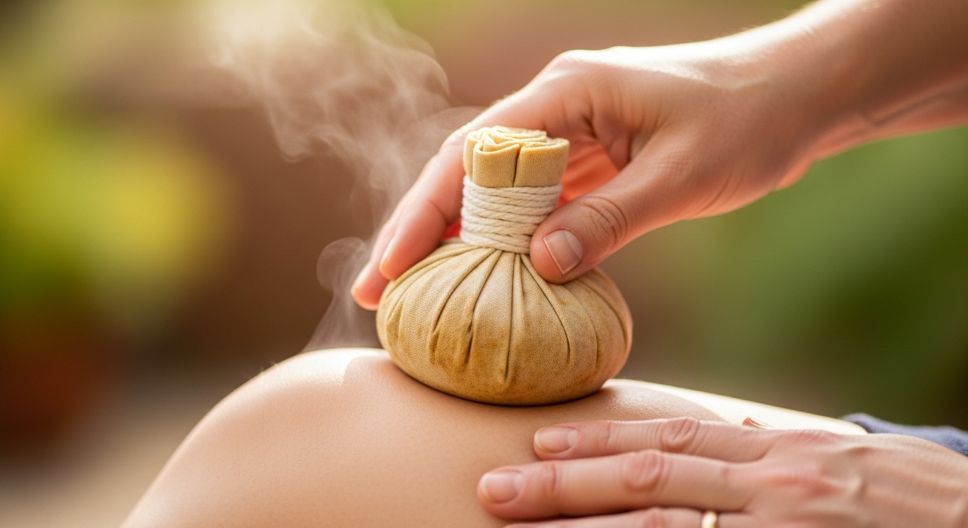 무릎에 따뜻한 생강 찜질을 하는 손. 염증 감소와 통증 완화에 도움이 되는 생강의 효능을 보여줍니다.