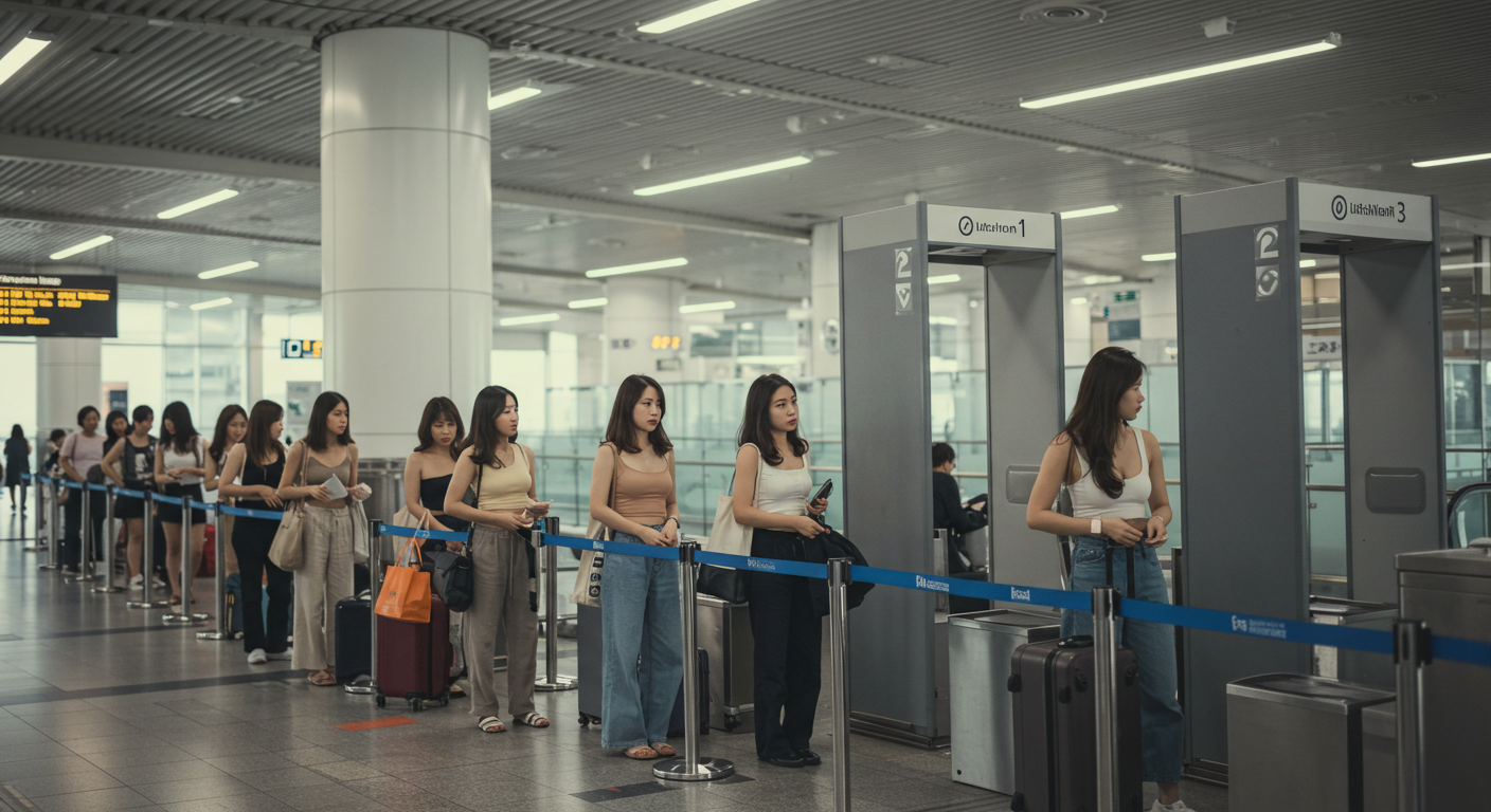 공항검색대를 통과하는 한국미녀들.