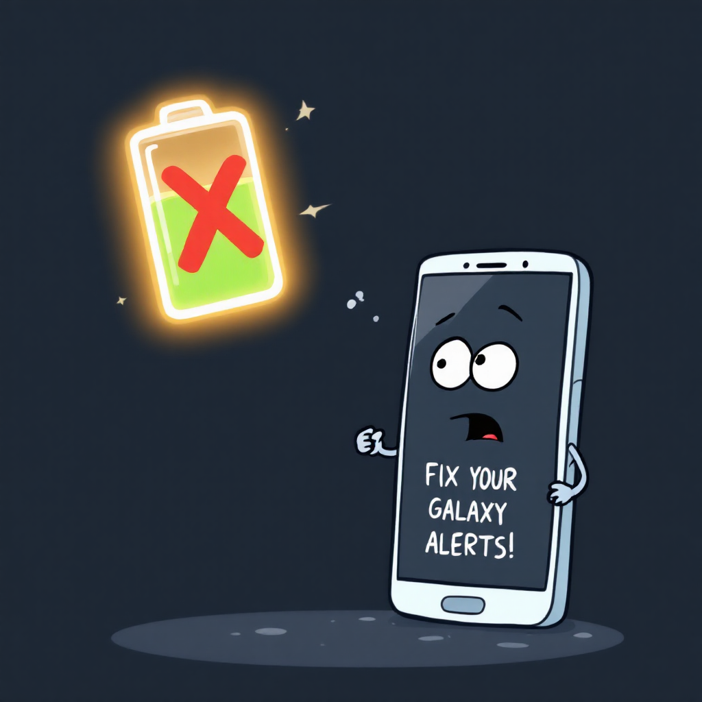 알림이 오지 않아 혼란스러운 스마트폰과 배터리 최적화 X 표시 아이콘 일러스트