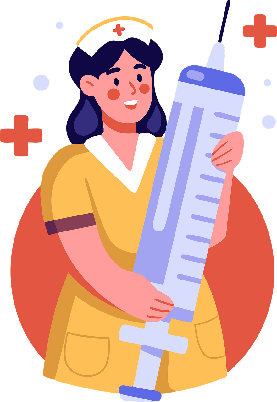 간호사가 주사기를 들고 있는 모습입니다. 노란색 간호복을 입고 있습니다.