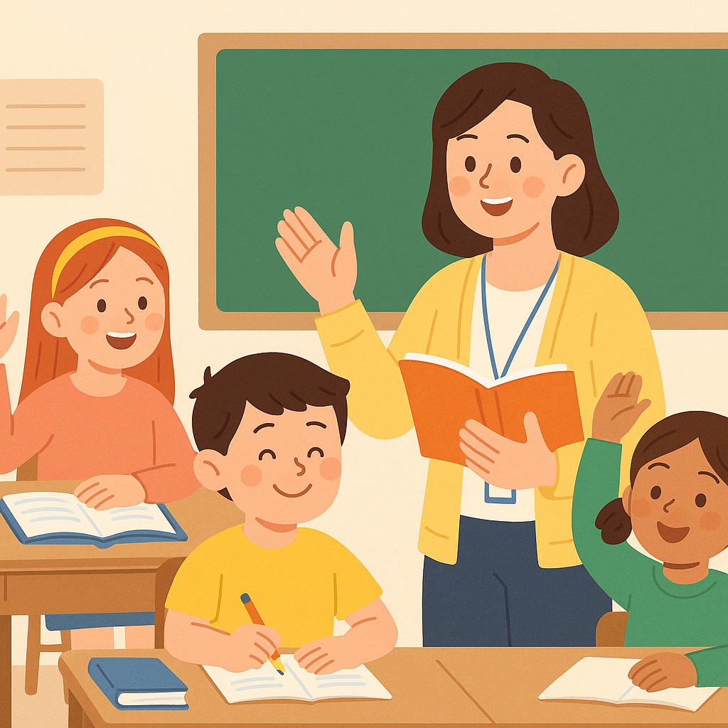 초등 교실 안에서 여성 방과후지도사가 밝게 웃으며 오렌지색 책을 들고 아이들과 수업 중이다. 책상에 앉은 세 명의 학생은 책을 읽거나 손을 들며 적극적으로 참여하고 있으며, 칠판이 배경에 보인다. 전체적으로 따뜻하고 부드러운 색감의 일러스트이다.