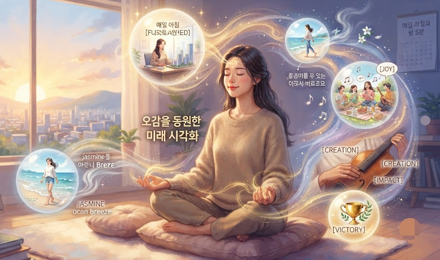 매일 아침과 밤 5분 동안 오감을 동원해 원하는 미래를 그리는 명상 시각화 이미지