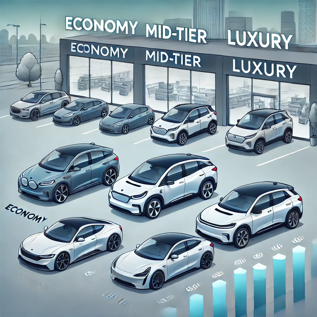 경제형, 중급형, 고급형 전기차가 나란히 주차되어 있으며 각 가격대를 나타내는 표시가 있는 자동차 딜러점 앞 풍경.