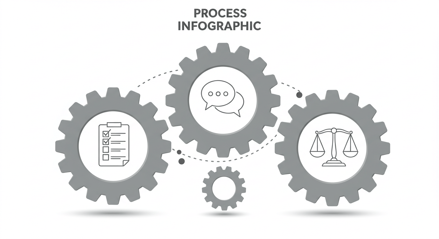 톱니바퀴 3개가 맞물리며 프로세스&middot;소통&middot;공정성을 상징하는 심볼이 들어간 인포그래픽&amp;#44; 한국 분위기 반영 3