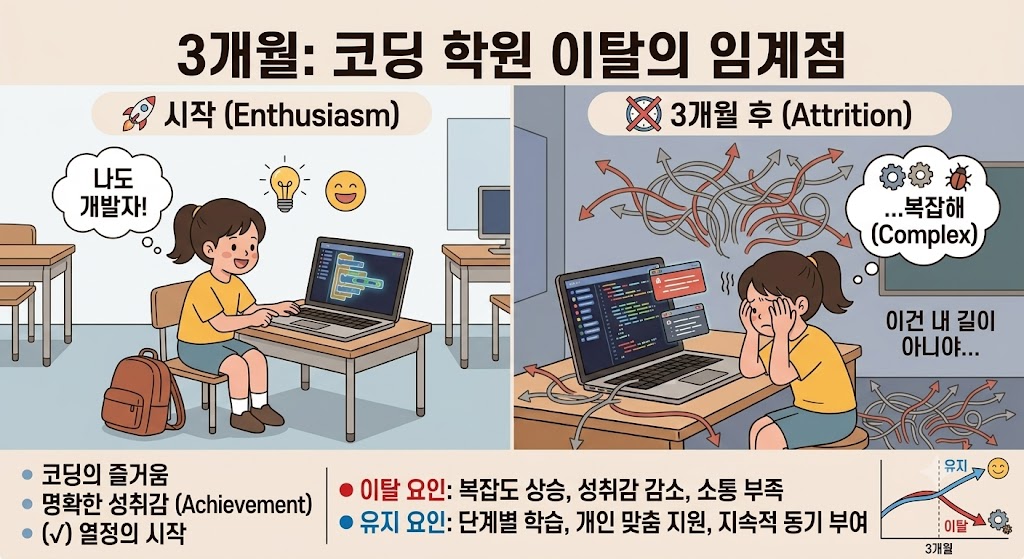 3개월은 코딩 학원에서 가장 많은 이탈이 일어나는 시점입니다