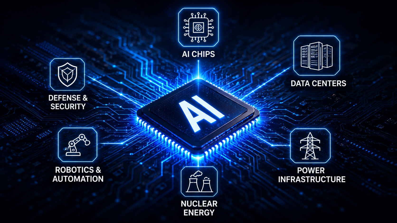 &ldquo;High-tech AI ecosystem showing connections between semiconductors, data centers, power infrastructure, and robotics.&rdquo;