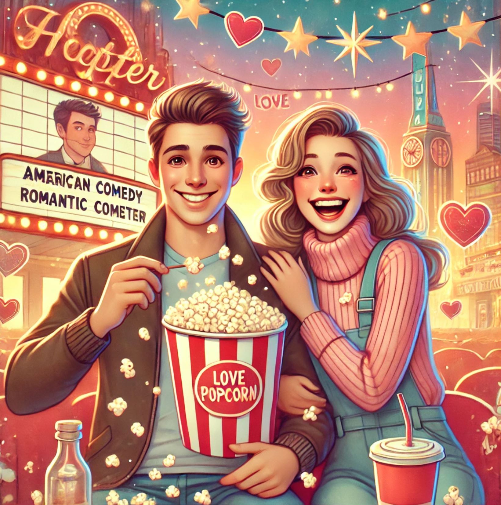 커플이 보기좋은 미국 코미디 영화를 보는 커플 이미지