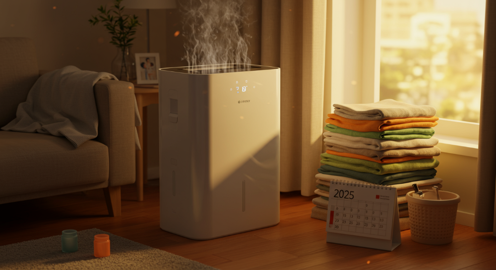 2025년 제습기를 사용해 쾌적해진 거실에서 빨래가 보송하게 마르는 모습