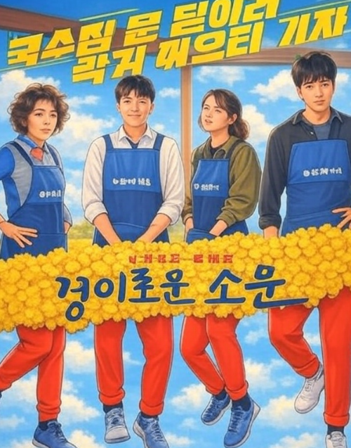 2명의 남성과 2명의 여성이 통쾌한 액션을 준비하듯 빨간 체육복을 입고 앞치마를 하고 있는 모습